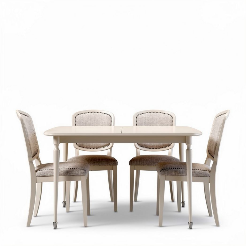 Mesa de jantar retangular de madeira com quatro cadeiras estofadas em tecido claro 150 x 80 x 75cm