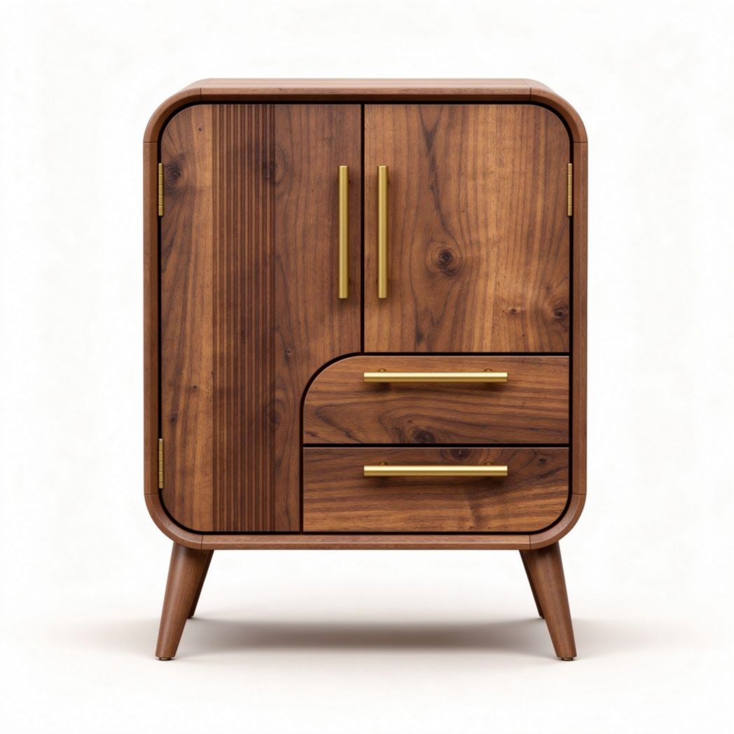 Aparador de madeira em tom natural com detalhes em metal dourado 60 x 45 x 75cm