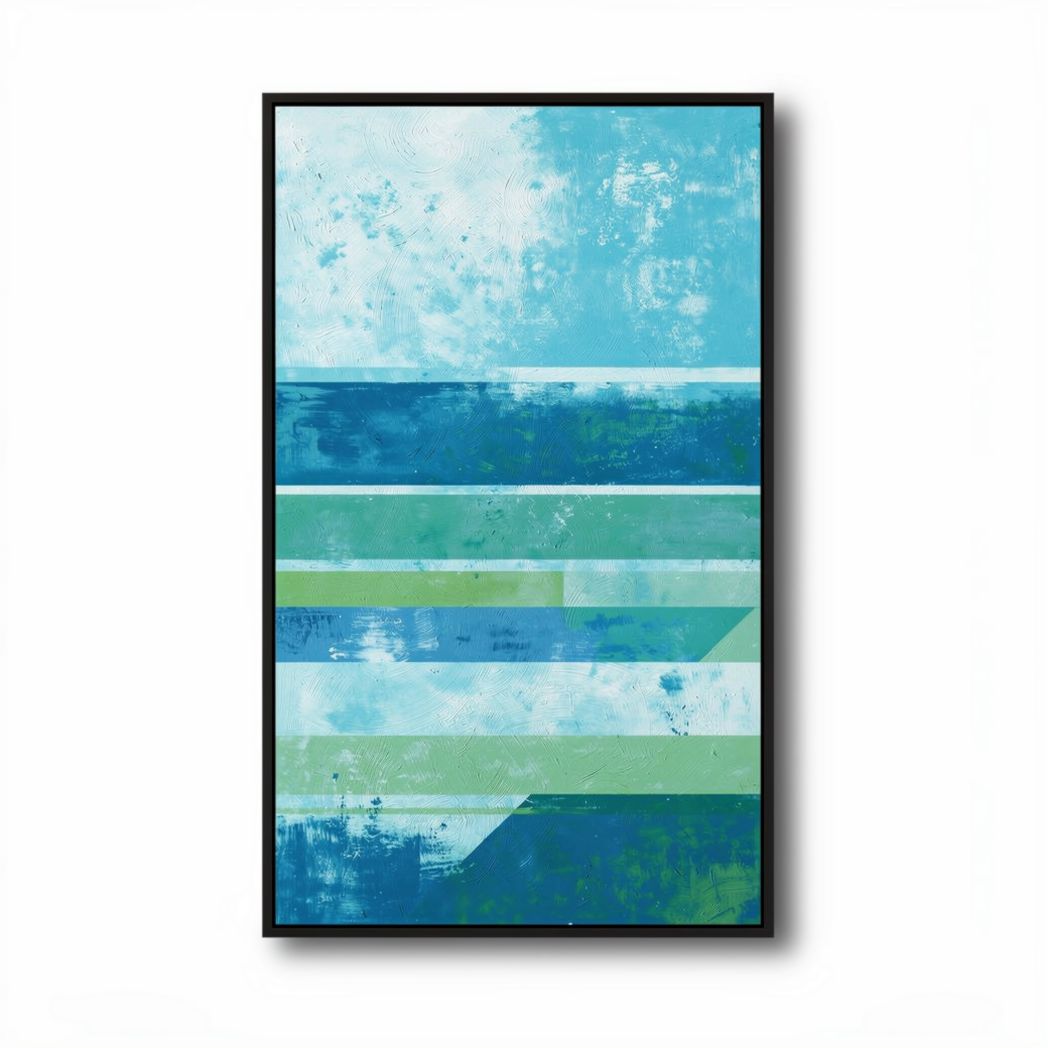pintura abstrata em tons de azul e verde 40 x 60 x 2cm com moldura preta
