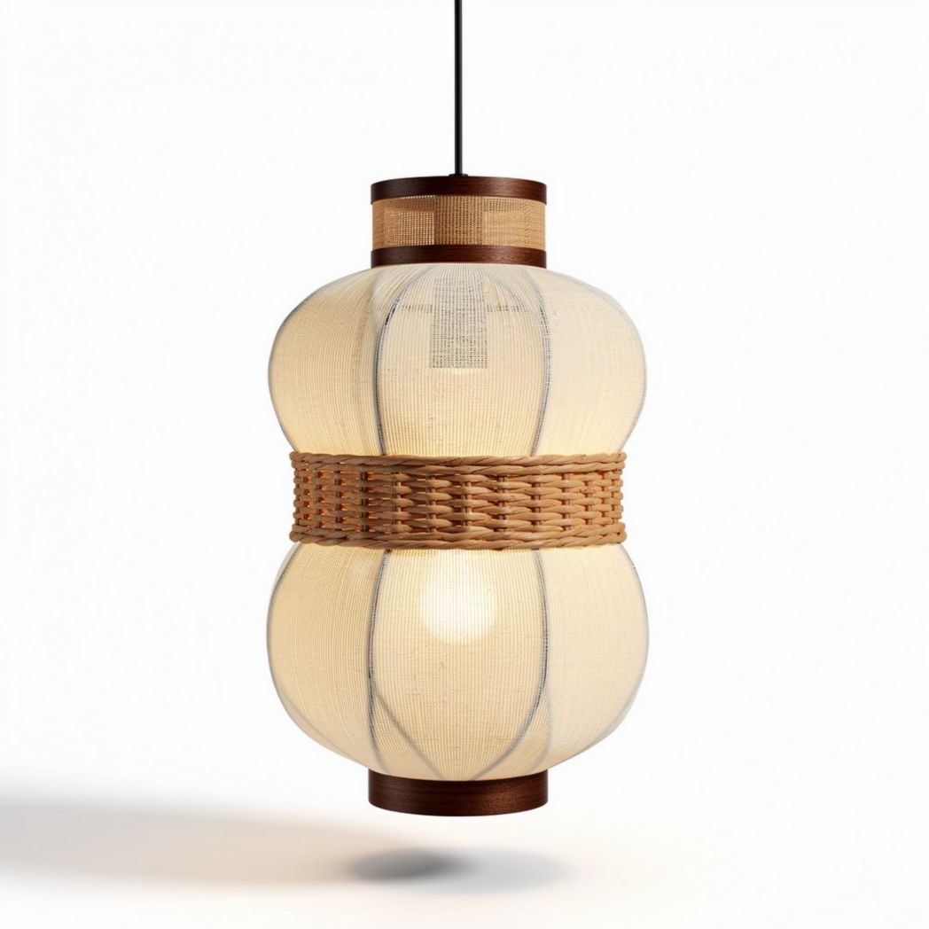 Luminária suspensa em fibra natural com dimensões de 25 x 25 x 40cm