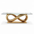 mesa de centro em vidro com base dourada em formato de infinito 150 x 75 x 80cm