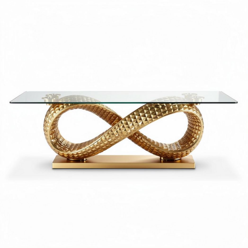mesa de centro em vidro com base dourada em formato de infinito 150 x 75 x 80cm